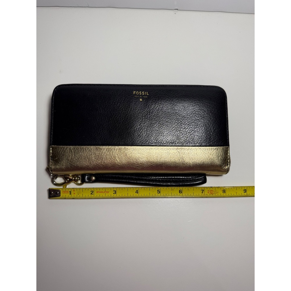 Fossil Zip Around Clutch Wallet Black Gold Metallic Women's Leather Wristlet EUC - Picture 6 of 7